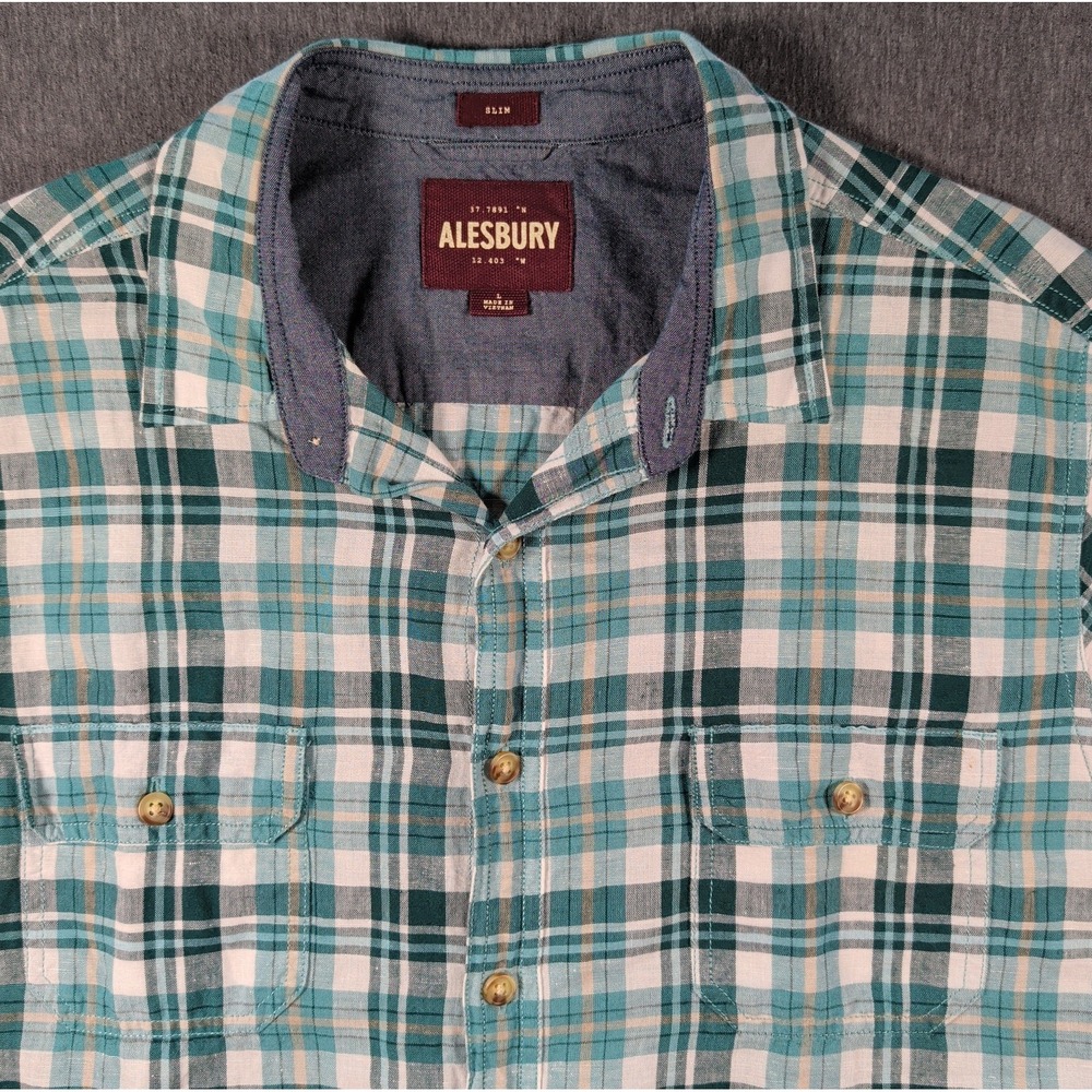 ALESBURY Linen Premium Short Sleeve Plaid Slim Button Shirt Sz Med Green Tones